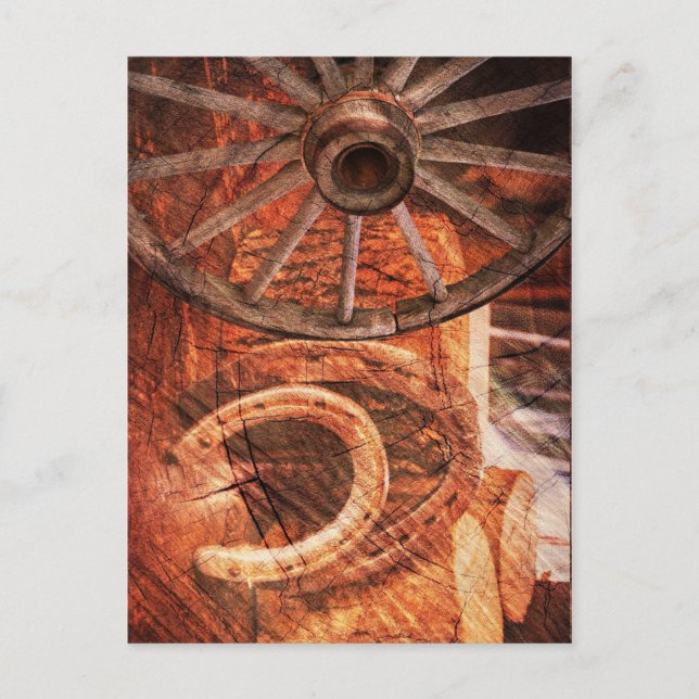 Rustic Wagon Wheel Horseshoes Western Style Postcard (Front)