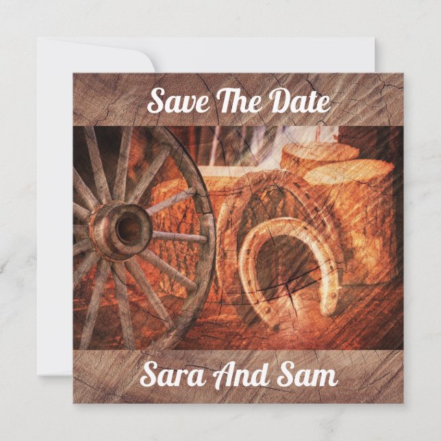 Rustic Wagon Wheel Horseshoes Western Style Save The Date (Front)