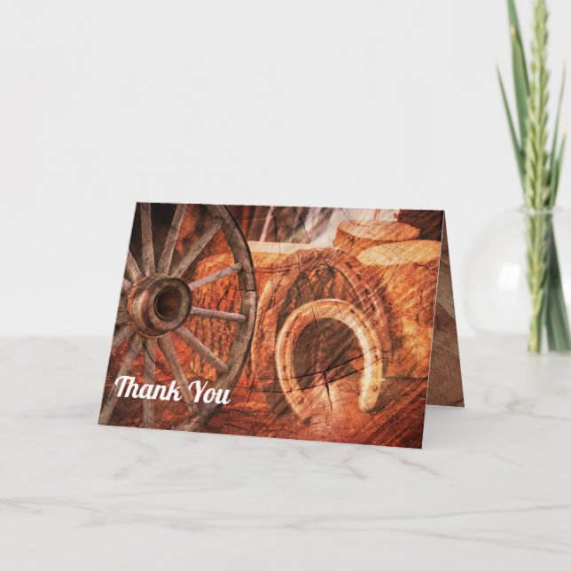Rustic Wagon Wheel Horseshoes Western Style Thank You Card (Front)