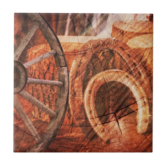 Rustic Wagon Wheel Horseshoes Western Style Tile (Front)