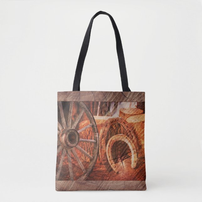 Rustic Wagon Wheel Horseshoes Western Style Tote Bag (Front)