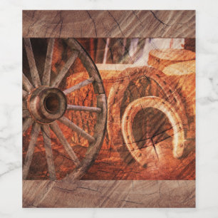 Rustic Wagon Wheel Horseshoes Western Style Wine Label