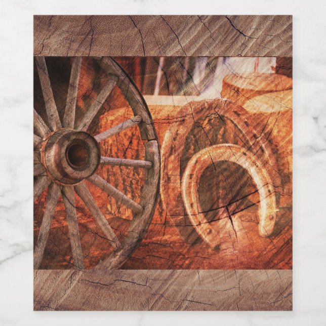 Rustic Wagon Wheel Horseshoes Western Style Wine Label (Single Label)