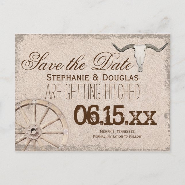 Rustic Wagon Wheel Longhorn Cowboy Save the Date Announcement Postcard (Front)