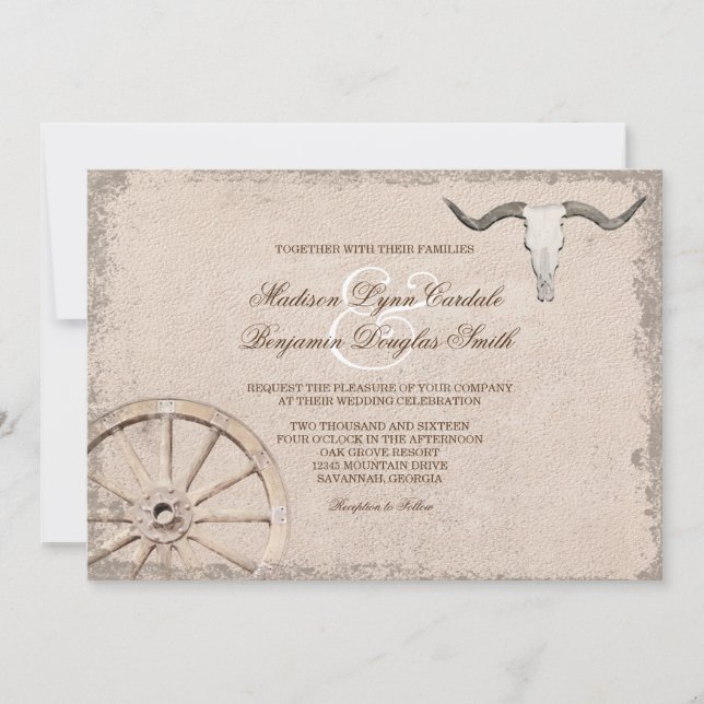 Rustic Wagon Wheel Longhorn Cowboy Wedding Invitation (Front)