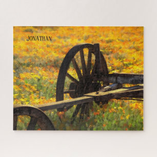 Rustic Wagon Wheel / Yellow & Orange Wildflowers Jigsaw Puzzle