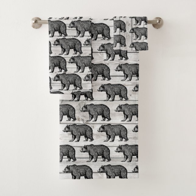 Rustic Walking Bear Shiplap Wood Bath Towel Set (Insitu)