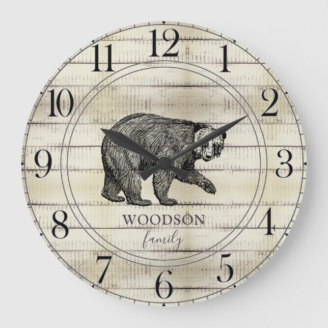Rustic Walking Bear Wood Forest Family Name Large Clock (Front)