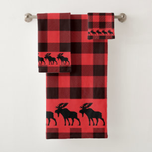 Rustic Walking Moose Buffalo Plaid  Bath Towel Set
