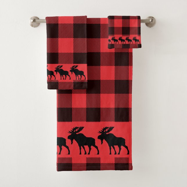 Rustic Walking Moose Buffalo Plaid  Bath Towel Set (Insitu)