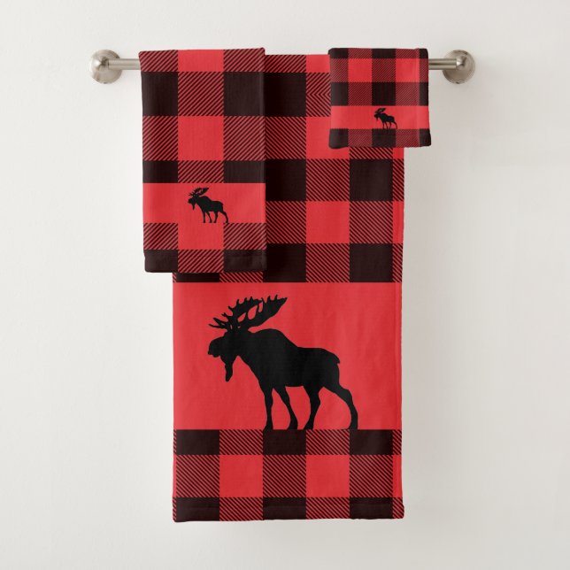 Rustic Walking Moose Buffalo Plaid  Bath Towel Set (Insitu)