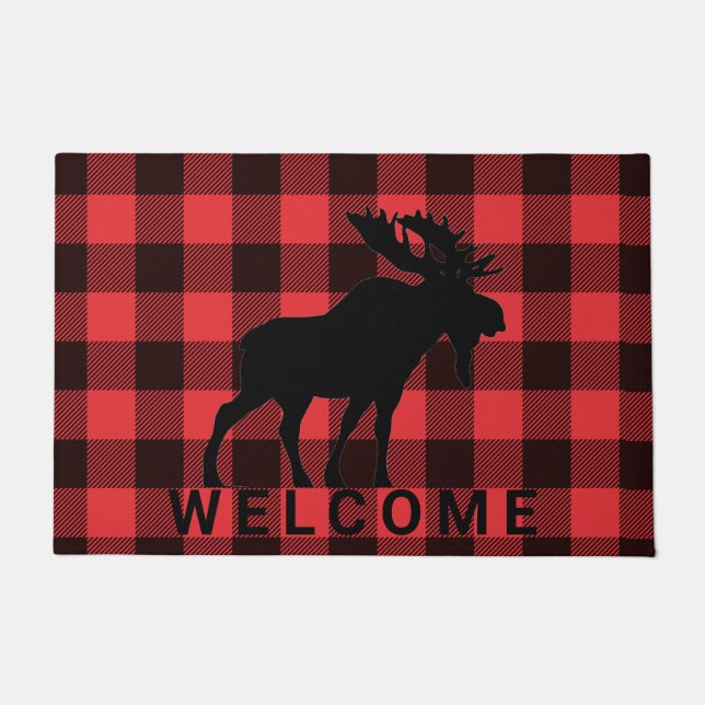 Rustic Walking Moose Red Black Plaid Welcome Doormat (Front)