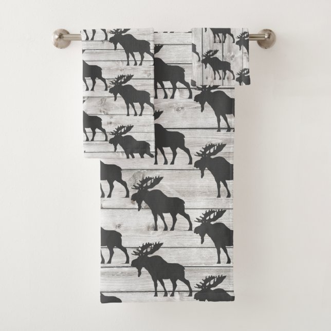Rustic Walking Moose Shiplap Wood  Bath Towel Set (Insitu)