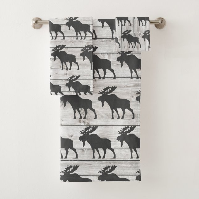 Rustic Walking Moose Shiplap Wood  Bath Towel Set (Insitu)