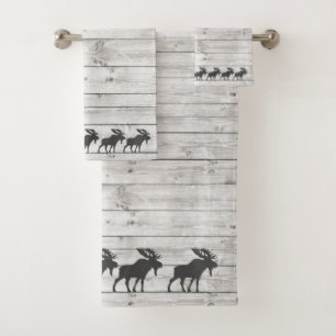 Rustic Walking Moose Wood Pattern Bath Towel Set