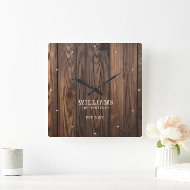 Rustic Wallnut Wood Brown Personalised Square Wall Clock (Home)