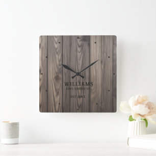 Rustic Wallnut Wood Brown Personalised Square Wall Clock