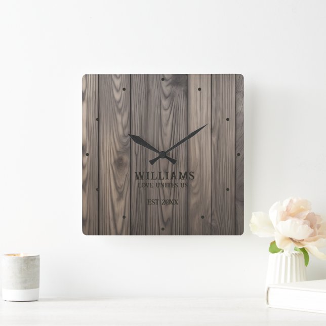 Rustic Wallnut Wood Brown Personalised Square Wall Clock (Home)