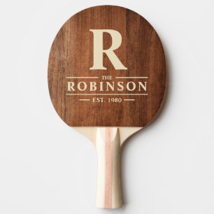 Rustic Walnut Wood Family Name & Initial Ping Pong Paddle