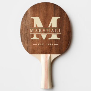 Rustic Walnut Wood Monogram & Name Overlay Ping Pong Paddle
