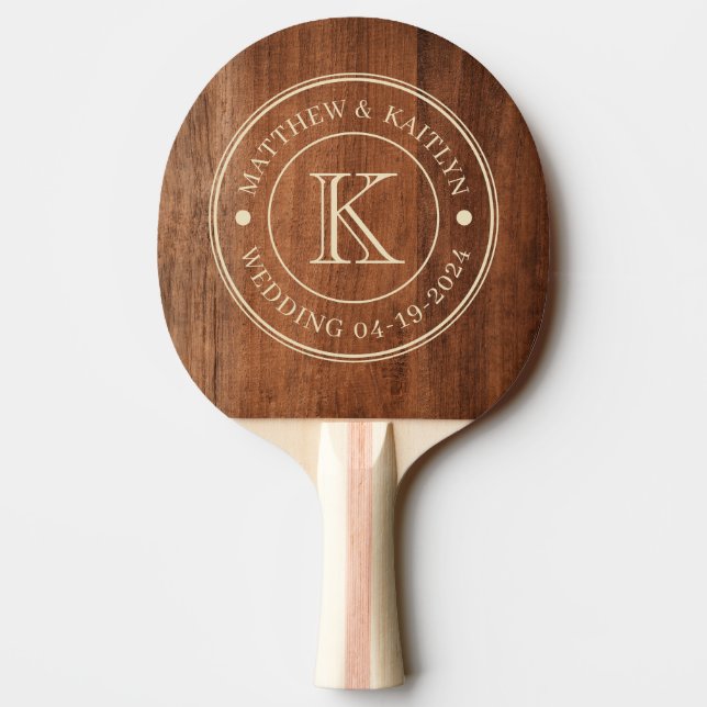 Rustic Walnut Wood Wedding Monogram Ping Pong Paddle (Back)