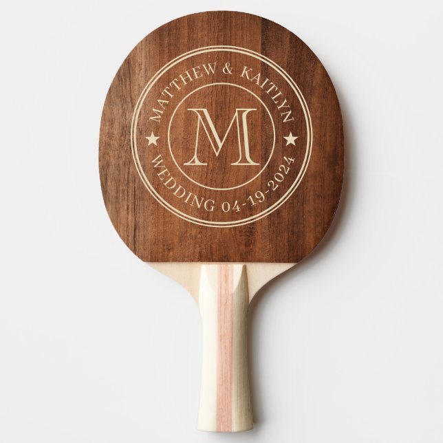 Rustic Walnut Wood Wedding Monogram Star Ping Pong Paddle (Front)