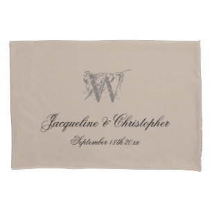 Rustic Warm Beige Monogram Names Newlywed Wedding Pillowcase