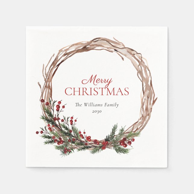 Rustic Warm Red Winter Wreath Merry Christmas Napkin (Front)