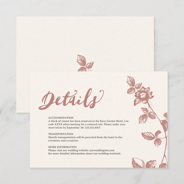 Rustic Warm Rose Whimsical Floral Wedding Details Enclosure Card (Front/Back)