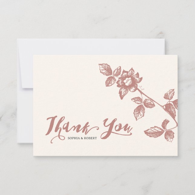 Rustic Warm Rose Whimsical Floral Wedding Thank You Card (Front)