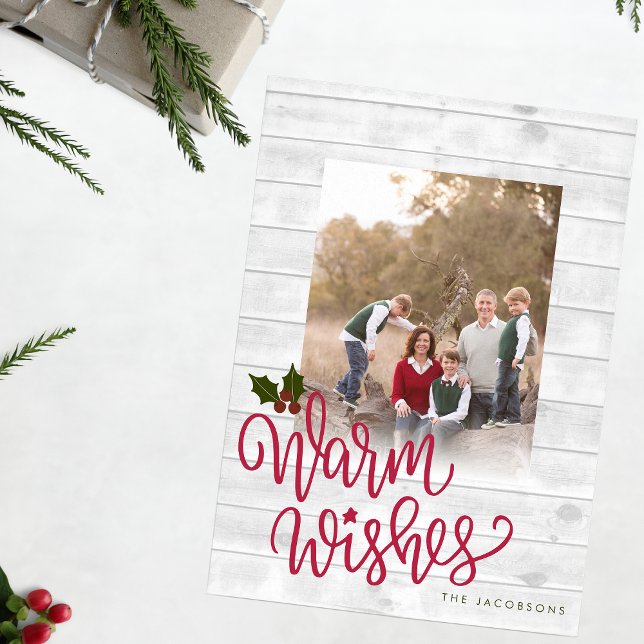 Rustic Warm Wishes White Wood Photo Holiday Card (Creator Uploaded)