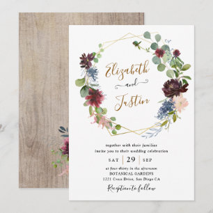 Rustic Waterclor Burgundy Navy Floral Wedding Invitation