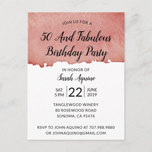 Rustic Watercolor 50 & Fabulous Birthday Invitation Postcard (Front)