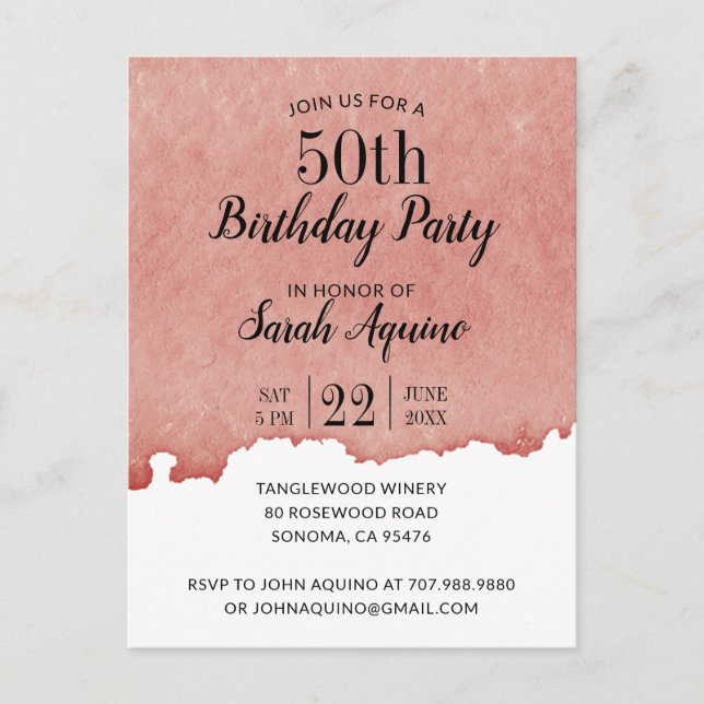 Rustic Watercolor 50th Birthday Wine Theme Invitation Postcard (Front)