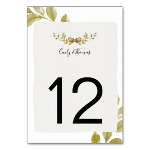 Rustic Watercolor Acorns and Oak Leaves Table Number