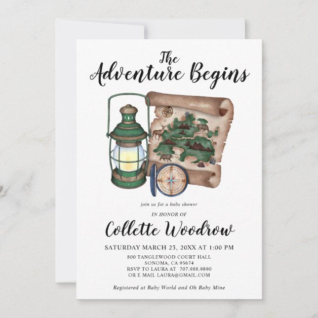 Rustic Watercolor Adventure Begins Baby Shower Invitation (Front)