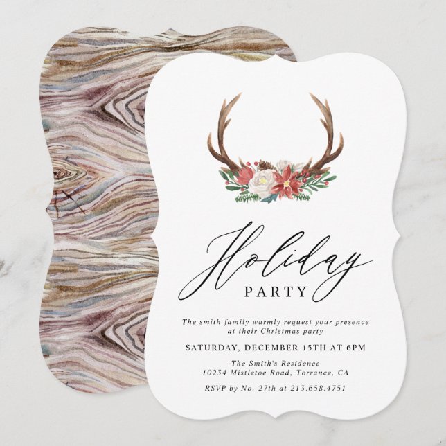 Rustic Watercolor Antler Christmas | Holiday Party Invitation (Front/Back)