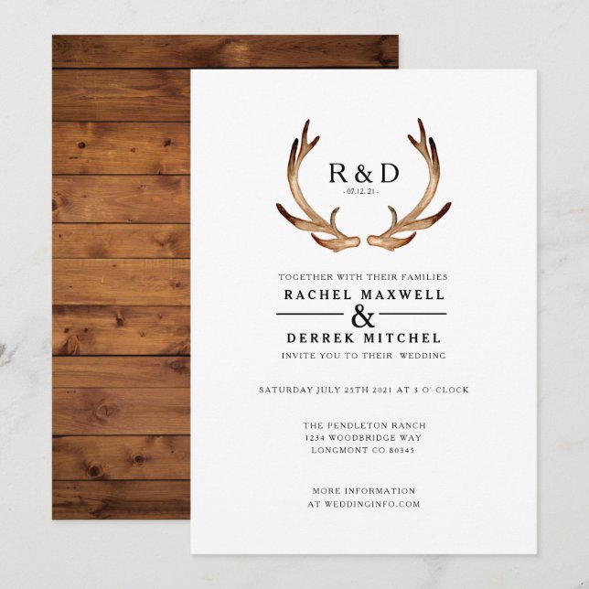 Rustic Watercolor Antler | Simple Wedding Invitation (Front/Back)