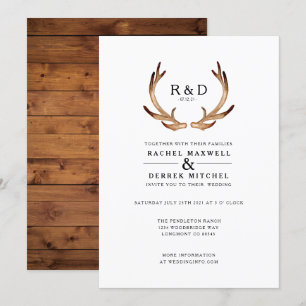 Rustic Watercolor Antler   Simple Wedding Invitation