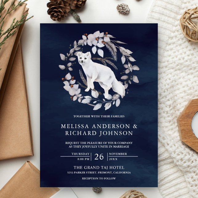 Rustic Watercolor Arctic Fox Winter Navy Wedding Invitation (Creator Uploaded)