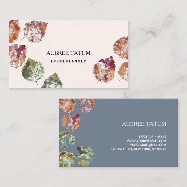 Rustic Watercolor Art Falling Leaves Autumn Business Card (Front/Back)