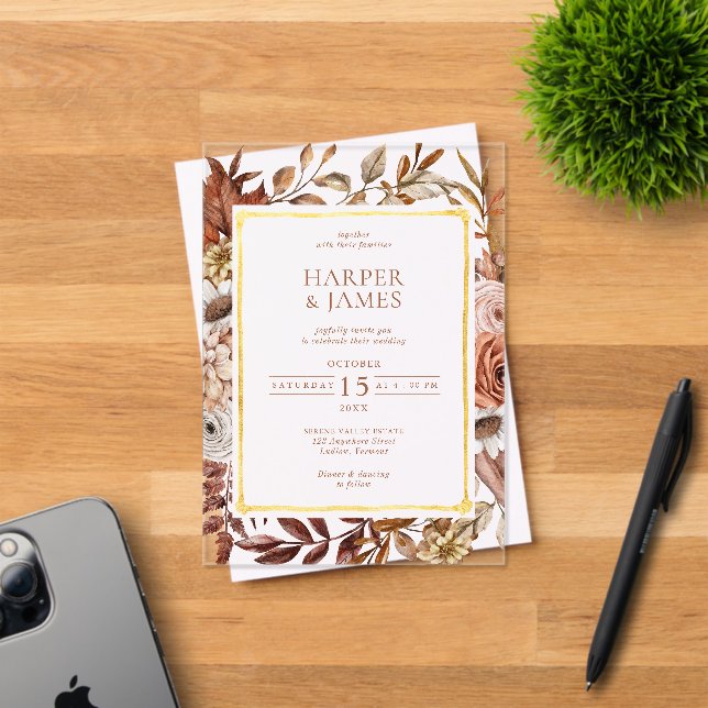 Rustic Watercolor Autumn Floral Frame Wedding Acrylic Invitations (Insitu (Invitation Card))