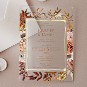 Rustic Watercolor Autumn Floral Frame Wedding Acrylic Invitations