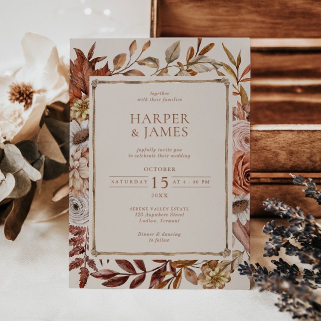 Rustic Watercolor Autumn Floral Frame Wedding Invitation (Creator Uploaded)