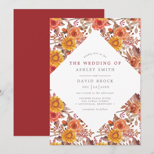 Rustic Watercolor Autumn Floral Wedding Invitation (Front/Back)