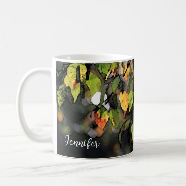 Rustic watercolor autumn leaves monogrammed coffee mug (Left)