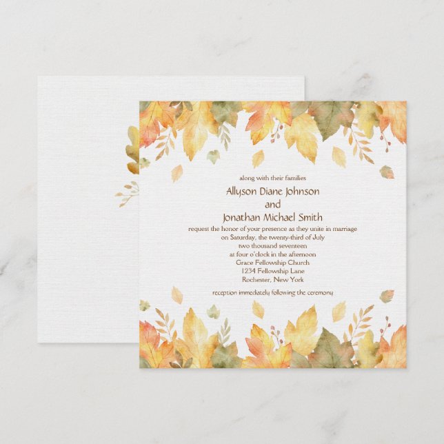 Rustic Watercolor Autumn Leaves Square 3 | Invitation (Front/Back)