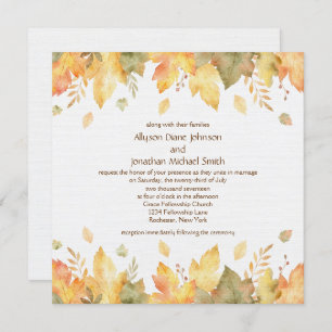 Rustic Watercolor Autumn Leaves Square 3 Invitation