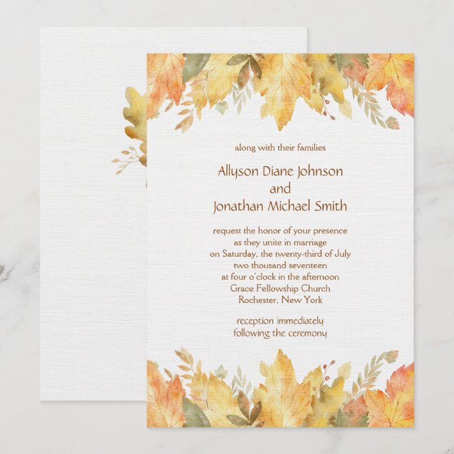 Rustic Watercolor Autumn Leaves Wedding | Invitation (Front/Back)