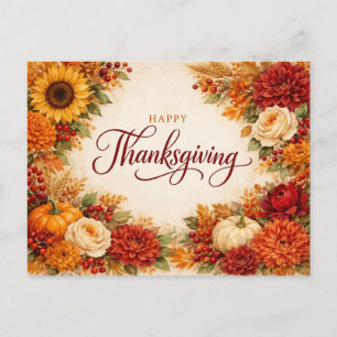 Rustic Watercolor Autumn Thanksgiving Floral Holiday Postcard